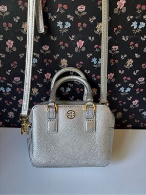 Tory Burch Metallic Silver Mini Satchel with Gold Hardware